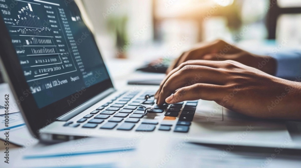 Poster a close-up of hands typing on a laptop with financial data displayed on the screen, surrounded by do
