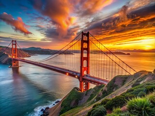 Obraz premium Majestic Golden Gate Bridge at Sunset with Vibrant Skies and Scenic Bay Views in San Francisco