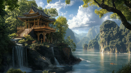 Fototapeta premium Traditional pavilion, tranquil setting, near water, surrounded by lush mountains