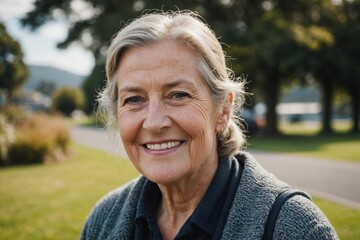 Close portrait of a smiling senior New Zealander woman looking at the camera, New Zealander outdoors blurred background