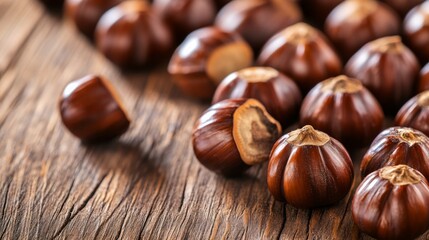 Obraz premium A close-up of roasted chestnuts displayed on a rustic wooden table, with their glossy shells slightly cracked, highlighting their warm and inviting appearance.