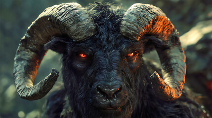 Obraz premium The beast from the earth, with two horns like a lamb, speaking like a dragon, performing great signs, menacing and dark imagery. Bible revelation Torah New testament Satan Lucifer symbolism.