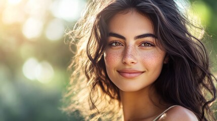 Fototapeta premium A close-up portrait of a woman with radiant skin and a warm smile, her hair cascading softly over her shoulders, highlighting her natural beauty against a softly blurred background.