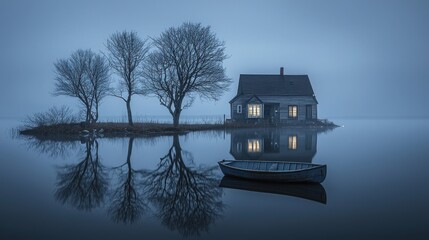 Fototapeta premium Isolated house on a misty lake at dusk