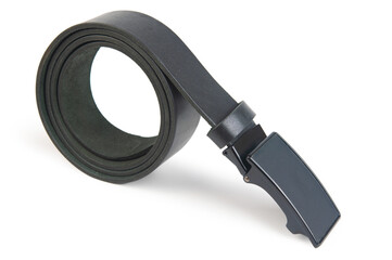 Black leather belt with metal buckle twisted into a ring