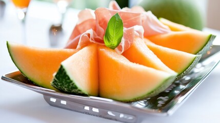 Fresh Sliced Cantaloupe Melon on Plate with Leaf Garnish