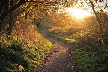 Obraz premium Sunlit Path Through Autumnal Woodland
