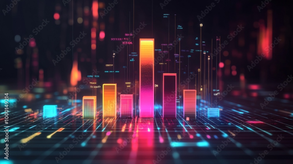 Poster a colorful 3d bar graph rising on a grid background, with glowing bars representing data growth, and