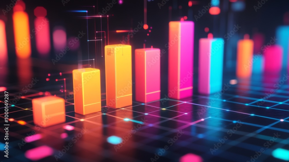 Poster a colorful 3d bar graph rising on a grid background, with glowing bars representing data growth, and