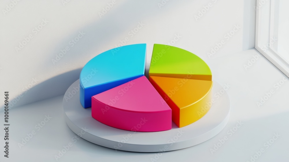 Poster a colorful 3d pie chart with vibrant segments floating slightly above a white surface, each slice la