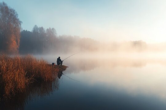 Solitary Fisherman Casting a Line in a Foggy Lake at Dawn