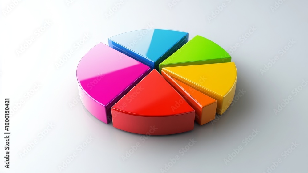 Poster a colorful 3d pie chart with vibrant segments floating slightly above a white surface, each slice la