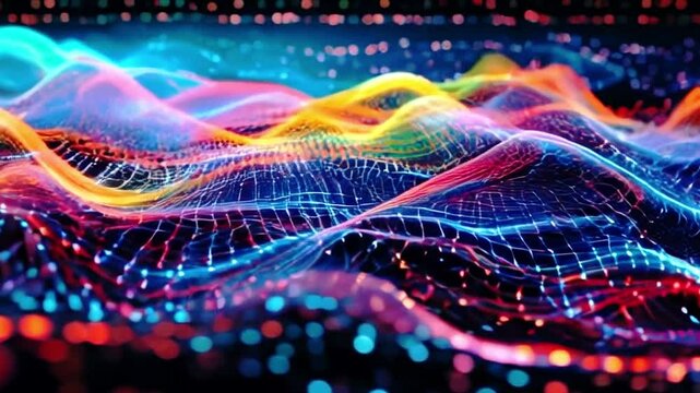 Abstract digital waves with AI data streams running through them.	