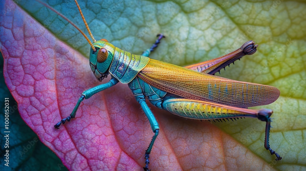 Poster A colorful image of a grasshopper camouflaged on a leaf, blending in seamlessly with its surroundings, showcasing the fascinating adaptations of insects.