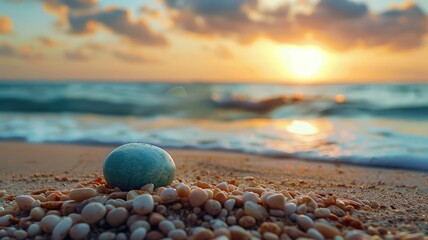 Smooth beach pebbles glowing under a vibrant sunset.