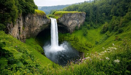 Waterfall plunging from a cliffside into a vibrant
