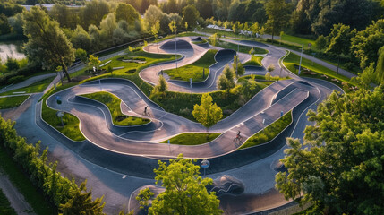 Aerial View of Modern Pump Track in Lush Green Park at Sunset with Cyclists Enjoying the Curved Pathways