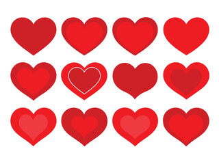 Set of Red Heart Flat Cartoon Icons. Romantic Abstract Symbols in Various Shapes for Valentine's Day. Love Banner Template Decorative Elements for Weddings.