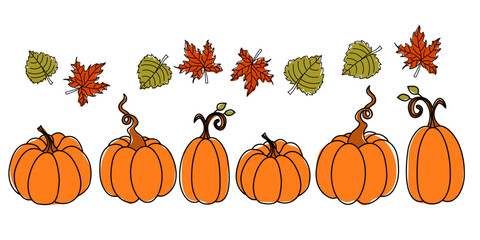 Doodle abstract Pumpkins set. Autumn Vegetable harvest. Cute Pumpkin silhouette isolated on white. Halloween Thanksgiving holiday element for card, invitation, banner, packaging design
