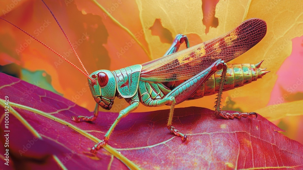Poster A colorful image of a grasshopper camouflaged on a leaf, blending in seamlessly with its surroundings, showcasing the fascinating adaptations of insects.