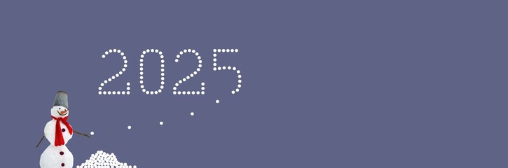 2025 year illustration, icon. Funny new year, winter concept. A snowman is building 2025 sign with snowballs. Colorful, playful, minimal image. Trending colors 2025 - Blue. Copy space