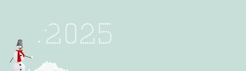 2025 year illustration, icon. Funny new year, winter concept. A snowman is building 2025 sign with snowballs. Colorful, playful, minimal image. Trending colors 2025 - Blue. Copy space