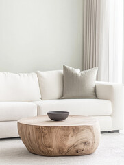 Modern living room featuring a cozy white sofa, wooden coffee table, and minimalist decor in natural lighting