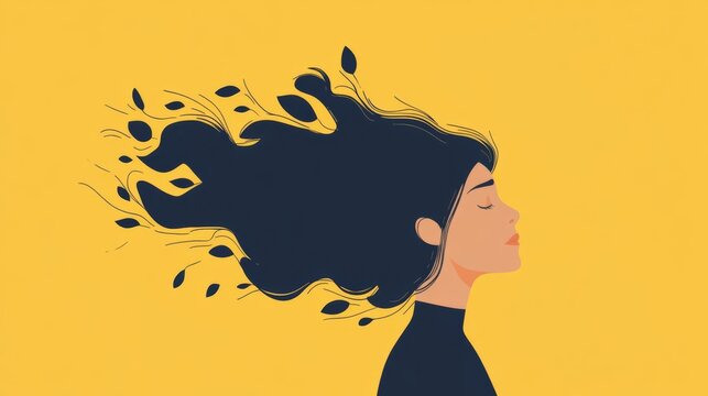 Illustration of a woman with flowing hair and leaves on a yellow background, meditative and serene expression, minimalist design.