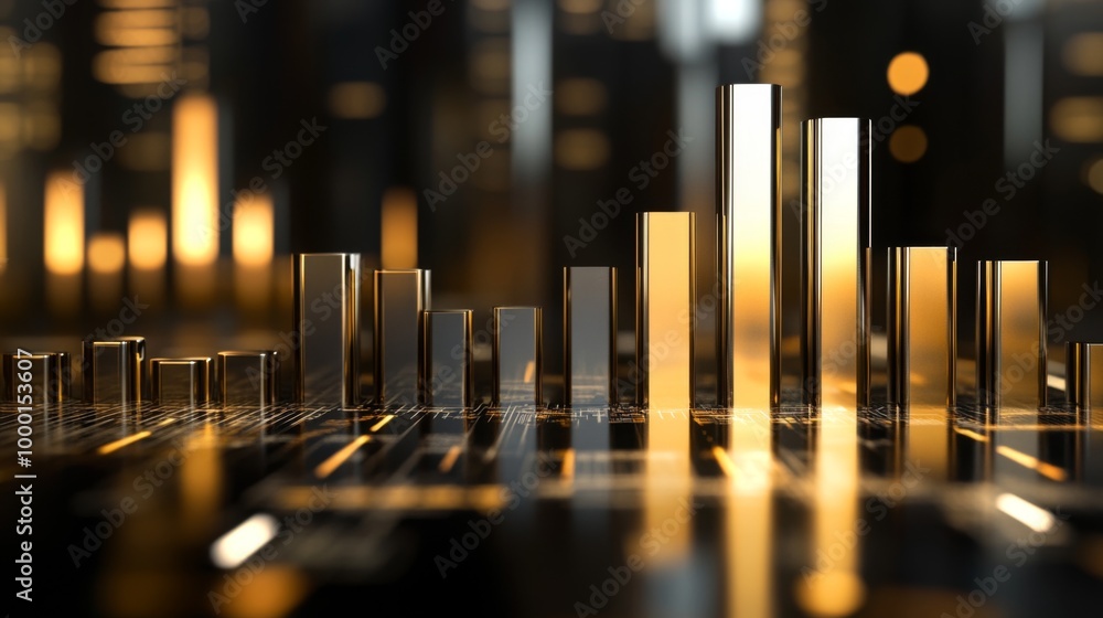Fototapete a corporate bar graph with silver and gold bars, representing financial performance, set against a d