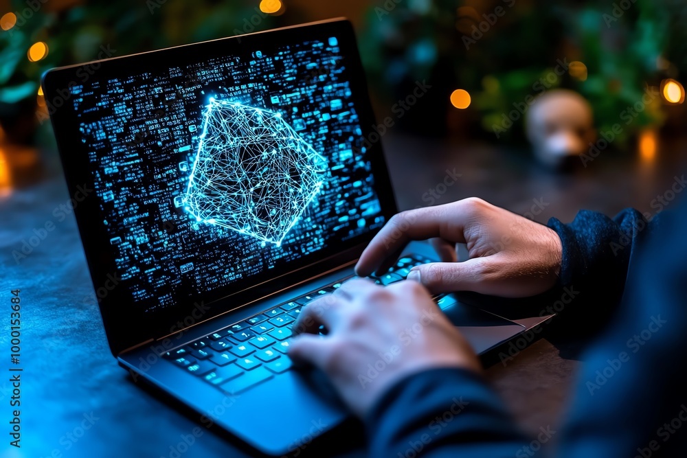 Poster Hacker navigating the dark web, with a laptop showing hidden marketplaces, encrypted messaging, and layers of deep web code, creating a shadowy digital underworld