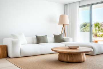 Fototapeta premium Modern living room with a white sofa and wooden coffee table in a bright, airy space with natural light streaming in from large windows