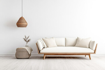 Cozy modern living room featuring a light-colored sofa, woven pendant light, and decorative elements, captured in a bright, minimalist setting