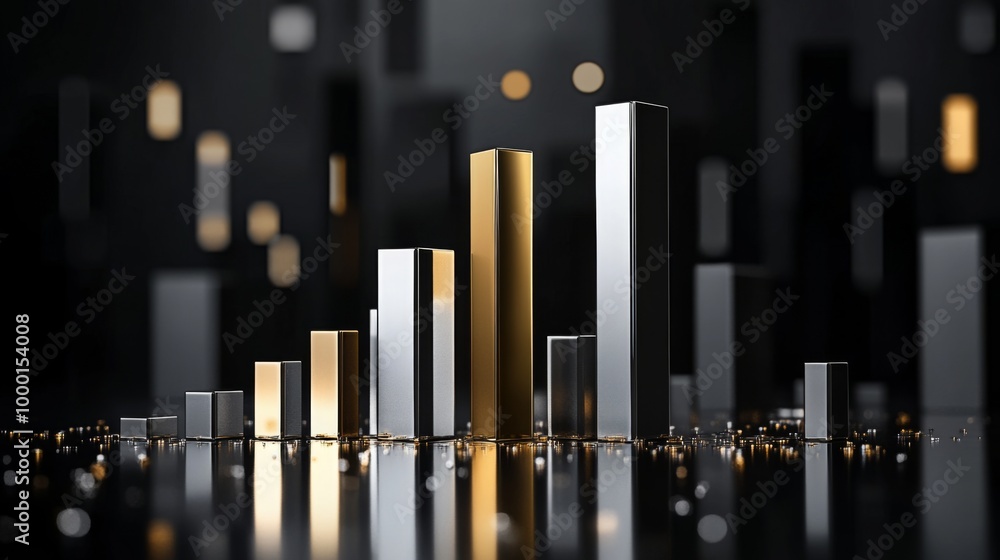 Fototapete a corporate bar graph with silver and gold bars, representing financial performance, set against a d
