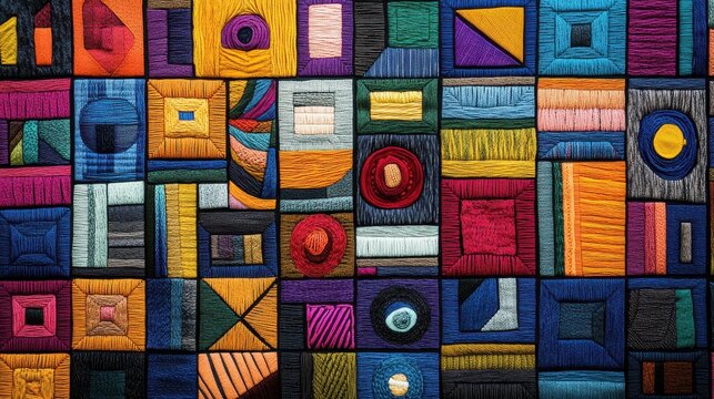 Colorful quilt showcasing a vibrant patchwork of patterns and textures, perfect for textile art or craft inspiration.