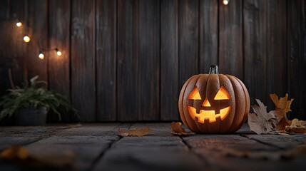 Obraz premium Glowing jack-o'-lantern on rustic wooden table with autumn leaves.