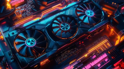 Fototapeta premium Close-up of a high-performance gaming graphics card with vibrant LED lights, showcasing modern and powerful computer technology.