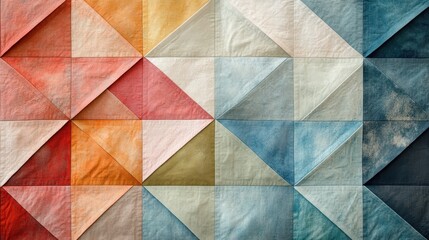 Fototapeta premium Vibrant geometric quilt design showcasing colorful triangle patterns in warm and cool tones for home decor inspiration.