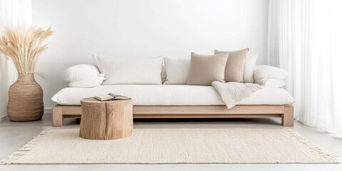 Modern minimalist living room featuring a cozy sofa, natural elements, and neutral colors for a serene ambiance