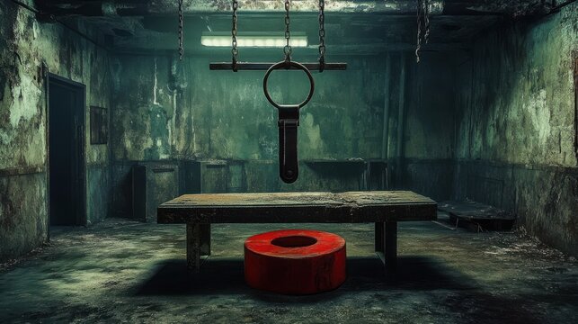 Dark room with iron straightjacket and metal ring, horror-themed cinematic atmosphere