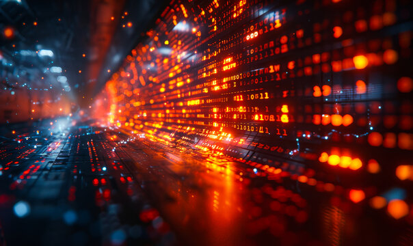 Dynamic Coding Interface in Action: Fluorescent Binary Code Across a High-Speed Digital Tunnel?Perfect for Tech Presentations and Software Development Visualization