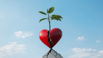 A cracked red heart, symbolizing heartbreak, with a small tree growing through the crack, representing healing, hope, and resilience.