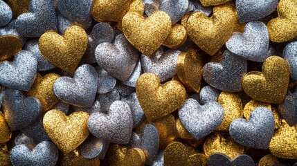 A vibrant collection of glittering hearts in gold and silver, perfect for festive decorations and romantic themes.