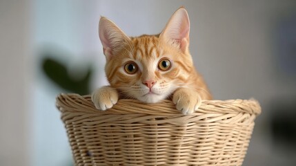 A cute orange tabby kitten peeks over the edge of a wicker basket, its big green eyes gazing curiously at the camera. The kitten's soft fur, playful expression, and cozy basket create a heartwarming i