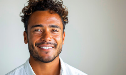 Fototapeta premium Confident Young Businessman with a Bright Smile, Curly Hair in White Shirt, Simple Background Ideal for Corporate and Advertising Needs