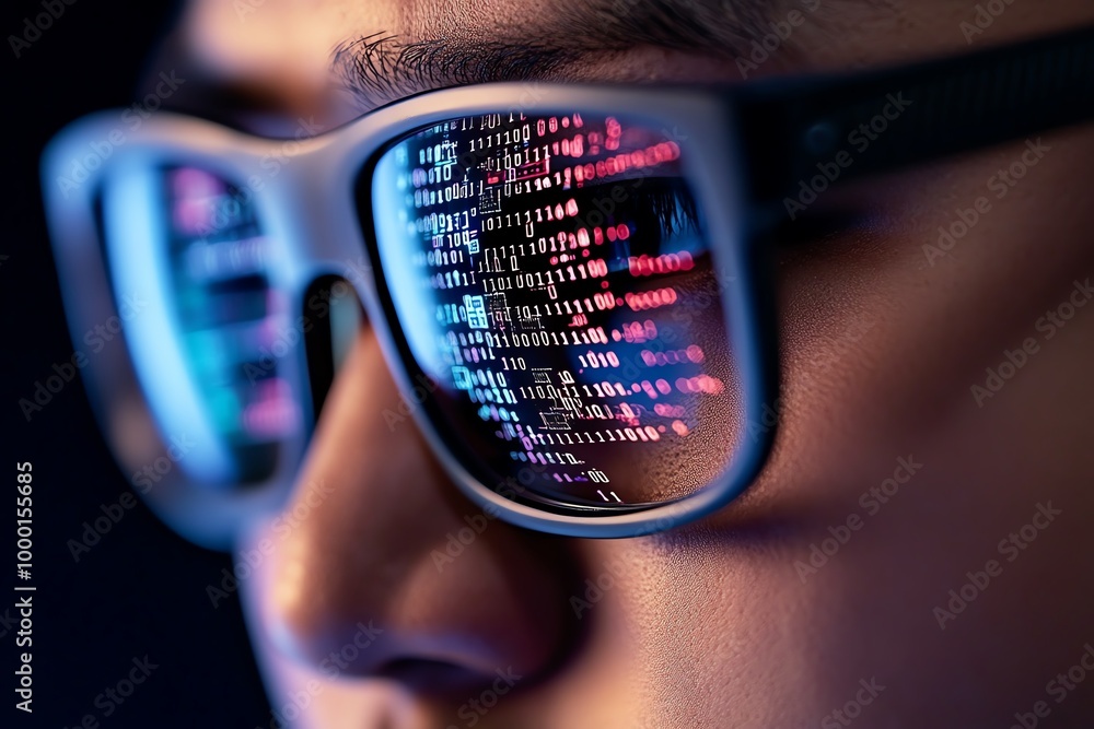 Aufkleber Hacker with encrypted data streaming through their glasses, the reflections of binary code and system breaches on the lenses showing deep focus on cyber intrusion