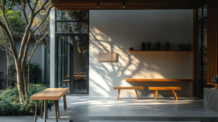 Fototapeta premium Minimalist stone podium for product presentation, bright natural daylight and grey tones