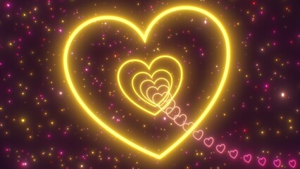 Pink Yellow Moving Heart Shaped Neon Glowing Tunnel Floating In Space - Abstract Background Texture