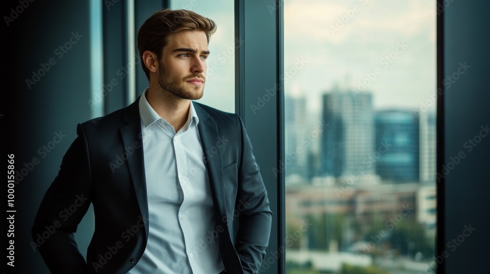 Poster a confident young businessman in a sharp suit standing by a large window in a modern office, looking