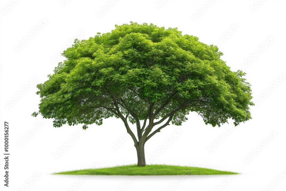 Poster a large tree with green leaves is standing in a field. the tree is the main focus of the image, and 