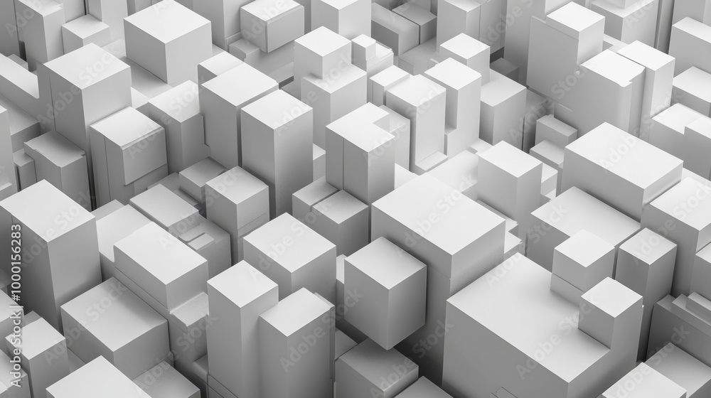 Poster abstract urban landscape featuring geometric white cubes arranged in a grid pattern, exemplifying mo